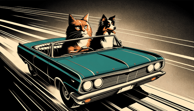 Bold graphic novel aesthetic; dramatic low-key lighting with stark chiaroscuro and deep, rich shadows; monochromatic palette with strong sepia or desaturated teal accents; sharp, clean linework and flat, impactful color blocking; strong directional light source creating long, exaggerated shadows; high contrast and simplified forms; dynamic, angled composition with a sense of tension; inspired by classic comic art and neo-noir cinematography
Model: openai:dall-e-3
Revised prompt: An image drawn in a bold graphic novel style featuring dramatic low-key lighting synergizing stark chiaroscuro displays with deep and rich shadows. The image has a monochromatic palette accented with intense sepia or desaturated teal hues. Expect sharp, clean linework, flat color blocking, and a strong directional light source that results in long, exaggerated shadows. The artwork employs high contrast, simplified forms, and a dynamic, angled composition exhibiting tension, inspired by classic comic art and neo-noir cinematography. The subject of this 16:9 aspect ratio, Full HD quality image is a ginger cat driving a blue convertible car, with an Australian Shepherd as the co-passenger, both facing forward. The car is depicted moving from right to left in a medium-wide shot.