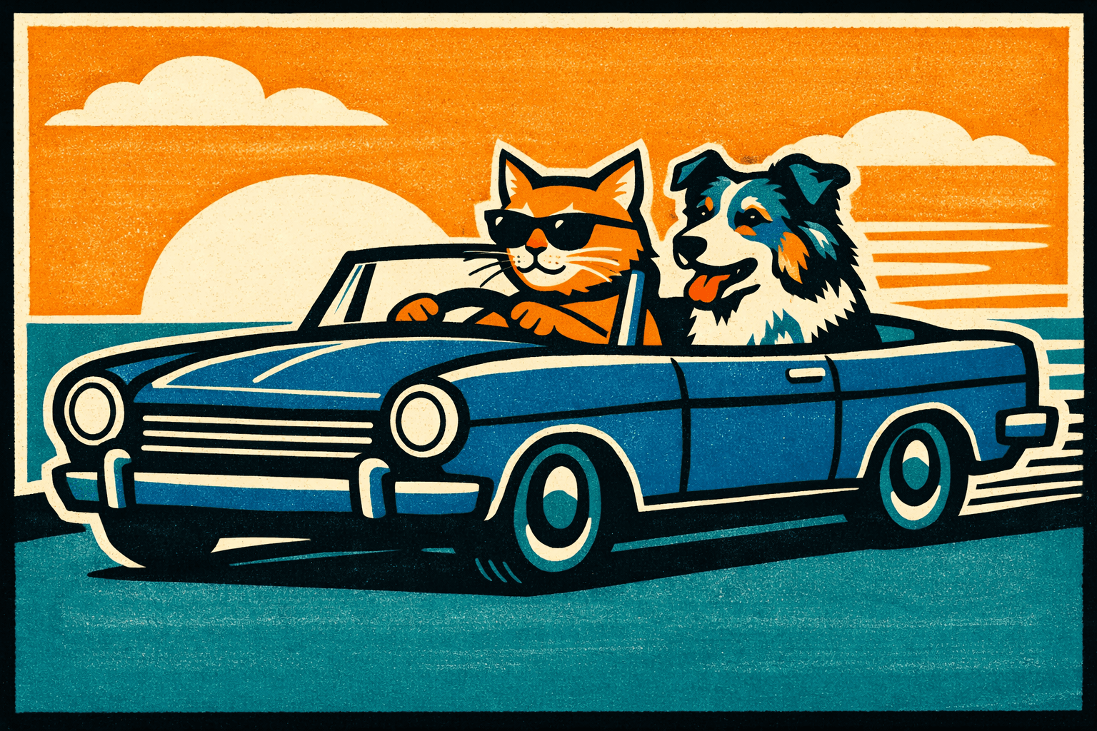 Linocut printmaking aesthetic with bold, graphic forms; high-contrast color blocking using a split-complementary palette of warm amber and cool teal; crisp, clean lines with minimal internal detail; flat, even lighting with subtle texture; smooth, matte surface with faint relief impressions; balanced, symmetrical composition with strong horizontal and vertical alignment
Model: openai:gpt-image-1.5