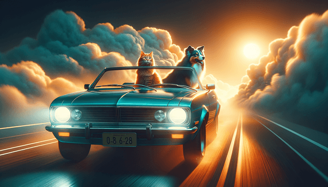 Cinematic, high dynamic range with teal-orange color grading; dramatic rim lighting; soft volumetric haze; shallow depth of field at mid-long focal length; subtle film grain; painterly digital rendering with crisp edges; glassy reflections and specular highlights; motion blur to imply speed; precise camera framing with a 16:9 composition; clean silhouette separation; emphasis on light behavior and color temperature
Model: openai:dall-e-3
Revised prompt: Create a high-resolution, full HD quality image with a 16:9 aspect ratio (1536x1024) that incorporates a cinematic style with high dynamic range and a teal-orange color grading. The scene should have dramatic rim lighting and a soft volumetric haze, with a shallow depth of field captured at a mid-long focal length. Add a subtle film grain and have the digital rendering appear painterly with crisp edges. Include glassy reflections and specular highlights, and utilize motion blur to convey a sense of speed. The precision in camera framing should create a clean silhouette separation, with emphasis on light behavior and color temperature. The main subjects are a ginger cat, who is driving a blue convertible car moving from right to left in a medium-wide shot, and an Australian Shepherd who is the passenger, both facing forward.
