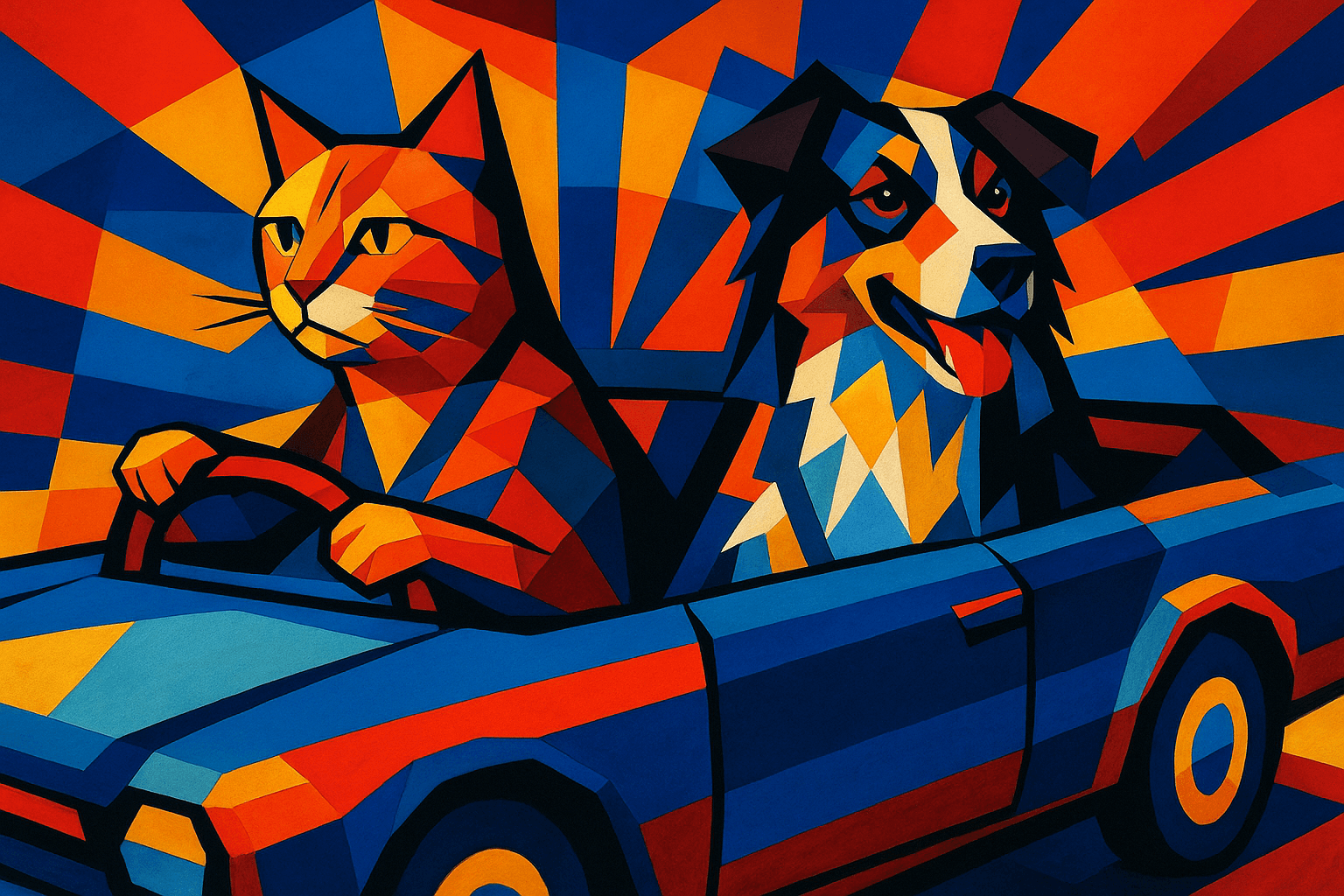 Vibrant cubist collage aesthetic; bold, fragmented geometric forms; bright, contrasting primary colors with sharp, angular edges; layered, overlapping planes creating dynamic depth; strong, directional lighting with exaggerated highlights and shadows; flat, graphic rendering style with minimal texture; abstract, deconstructed composition with multiple perspectives; inspired by synthetic cubism and modern graphic design
Model: openai:gpt-image-1-mini