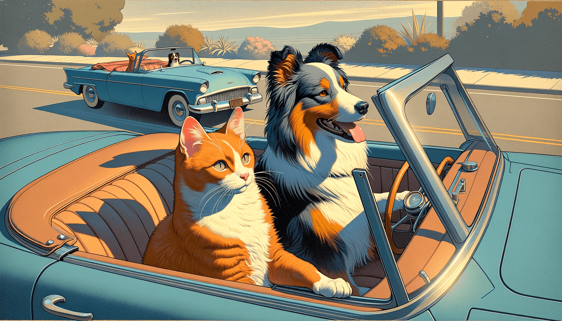 Flat modernist print aesthetic with matte gouache-like surfaces; soft high-key diffuse lighting; limited pastel-complementary palette with restrained contrast; crisp simplified silhouettes and clean negative space; subtle paper grain and delicate registration offsets; balanced, centered composition with calm visual rhythm; inspired by mid-century print design
Model: openai:dall-e-3
Revised prompt: Render a picture imbued with the aesthetic of a flat modernist print, utilizing matte surfaces reminiscent of gouache, lit by soft high-key diffuse lighting. The palette should be limited and pastel-complementary, with restrained contrast. The shapes should be represented as crisp simplified silhouettes, surrounded by clean negative space. The texture of the image should suggest subtle paper grain and delicate registration offsets. The composition should be balanced and centered, promoting a sense of calm visual rhythm, drawing inspiration from mid-century print design. The setting is within a 16:9 aspect ratio, Full HD quality (1536x1024) high-resolution rendering. The focus of the picture is a ginger furred cat, situated in the driver's seat of a blue convertible car, with an Australian Shepherd as its passenger. Both animals face forward as the car moves from right to left, within a medium-wide shots perspective.