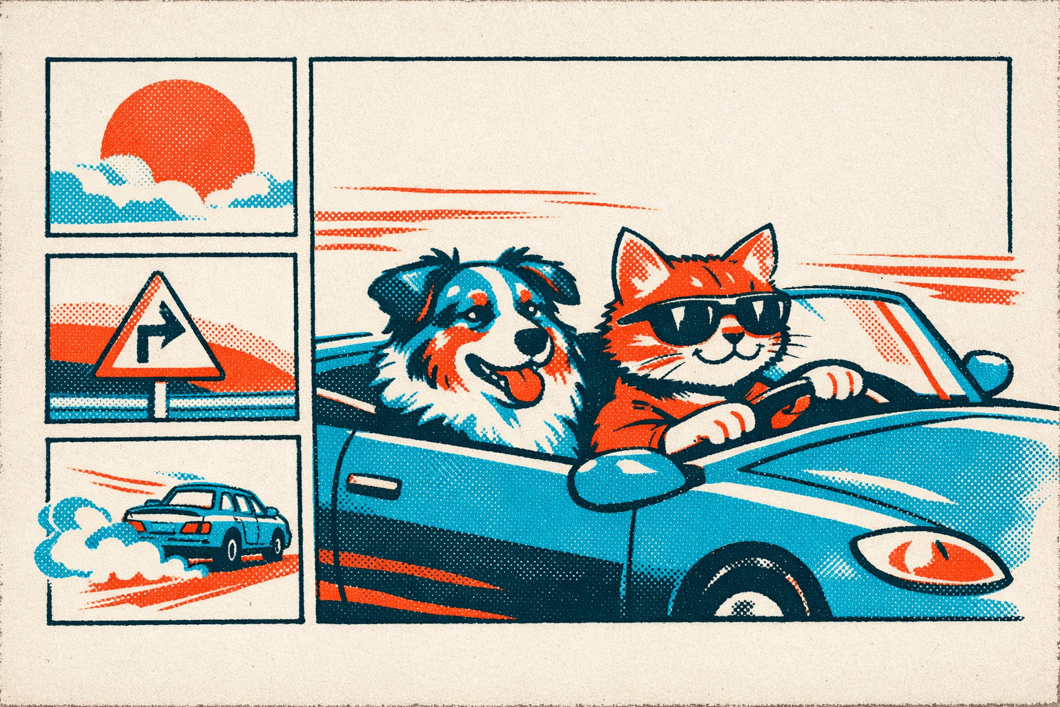 Art movement/medium: risograph zine print aesthetic; Rendering technique: bold halftone screens and limited spot-color overlays with intentional registration shifts; Color palette scheme: restrained duotone/triad using warm vermilion and cool cyan with a neutral paper tone; Lighting mood + source: flat, print-like illumination with subtle cast of paper edge shadow; Texture/material/surface: coarse paper grain with visible ink bleed and slight imperfect edges; Compositional approach: graphic, panel-like asymmetrical layout with strong negative space and layered overlays
Model: openai:gpt-image-1.5