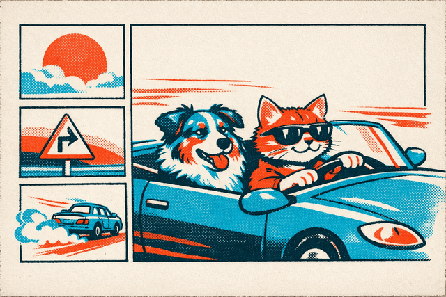 Art movement/medium: risograph zine print aesthetic; Rendering technique: bold halftone screens and limited spot-color overlays with intentional registration shifts; Color palette scheme: restrained duotone/triad using warm vermilion and cool cyan with a neutral paper tone; Lighting mood + source: flat, print-like illumination with subtle cast of paper edge shadow; Texture/material/surface: coarse paper grain with visible ink bleed and slight imperfect edges; Compositional approach: graphic, panel-like asymmetrical layout with strong negative space and layered overlays
Model: openai:gpt-image-1.5