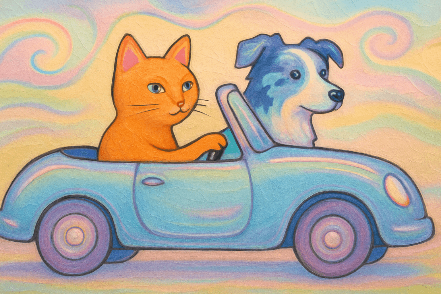 Art movement/medium: ceramic glaze painting aesthetic; Rendering technique: smooth, glossy surfaces with subtle imperfections and flowing, organic lines; Color palette scheme: whimsical analogous pastels with iridescent highlights; Lighting mood + source: soft, ambient light creating gentle reflections and a luminous glow; Texture/material/surface: polished, reflective ceramic surface with crackle glaze details; Compositional approach: playful, organic arrangements with a sense of fluid movement and balanced asymmetry; inspired by artisanal pottery and contemporary illustration
Model: openai:gpt-image-1