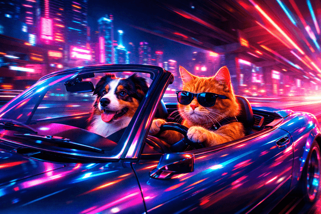 Vibrant neon-noir aesthetic with intense luminescent glow; deep saturated jewel tones against dark backdrops; crisp digital rendering with strong volumetric light shafts and reflective surfaces; dynamic wide-angle perspective; futuristic synthwave color grading with chromatic aberration and subtle scanline overlay; energetic composition with leading lines and depth; inspired by cyberpunk visuals and retro-futurism
Model: openai:gpt-image-1.5