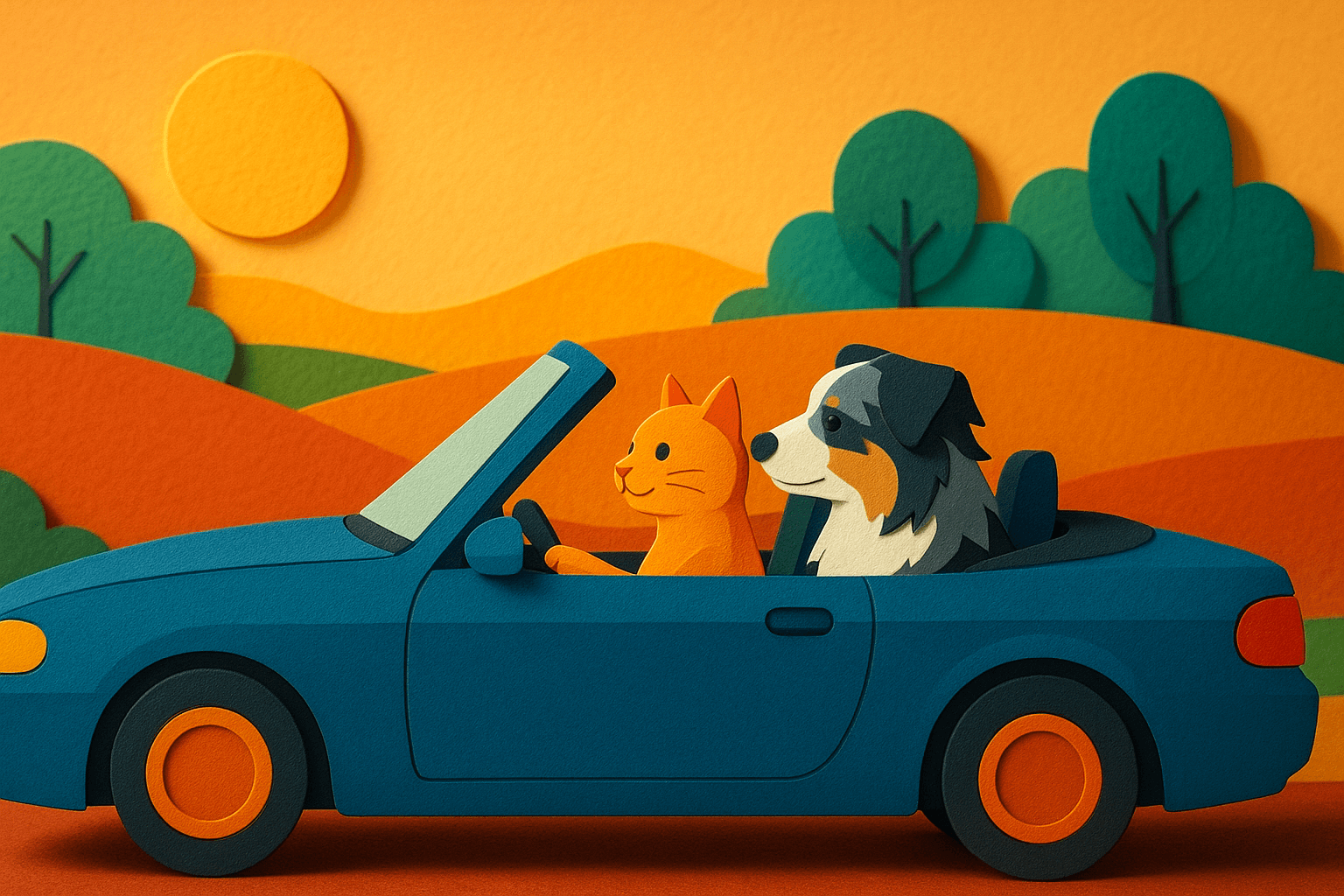 Art movement/medium: paper cutout diorama aesthetic; Rendering technique: crisp, layered silhouettes with sharp edges and minimal internal detail; Color palette scheme: vibrant analogous hues with subtle complementary accents; Lighting mood + source: soft, directional light casting distinct, clean shadows; Texture/material/surface: matte, textured paper surface with visible fiber and slight dimensional relief; Compositional approach: shallow depth of field with foreground, midground, and background layers creating visual depth through overlap; inspired by traditional papercraft and contemporary illustration
Model: openai:gpt-image-1-mini