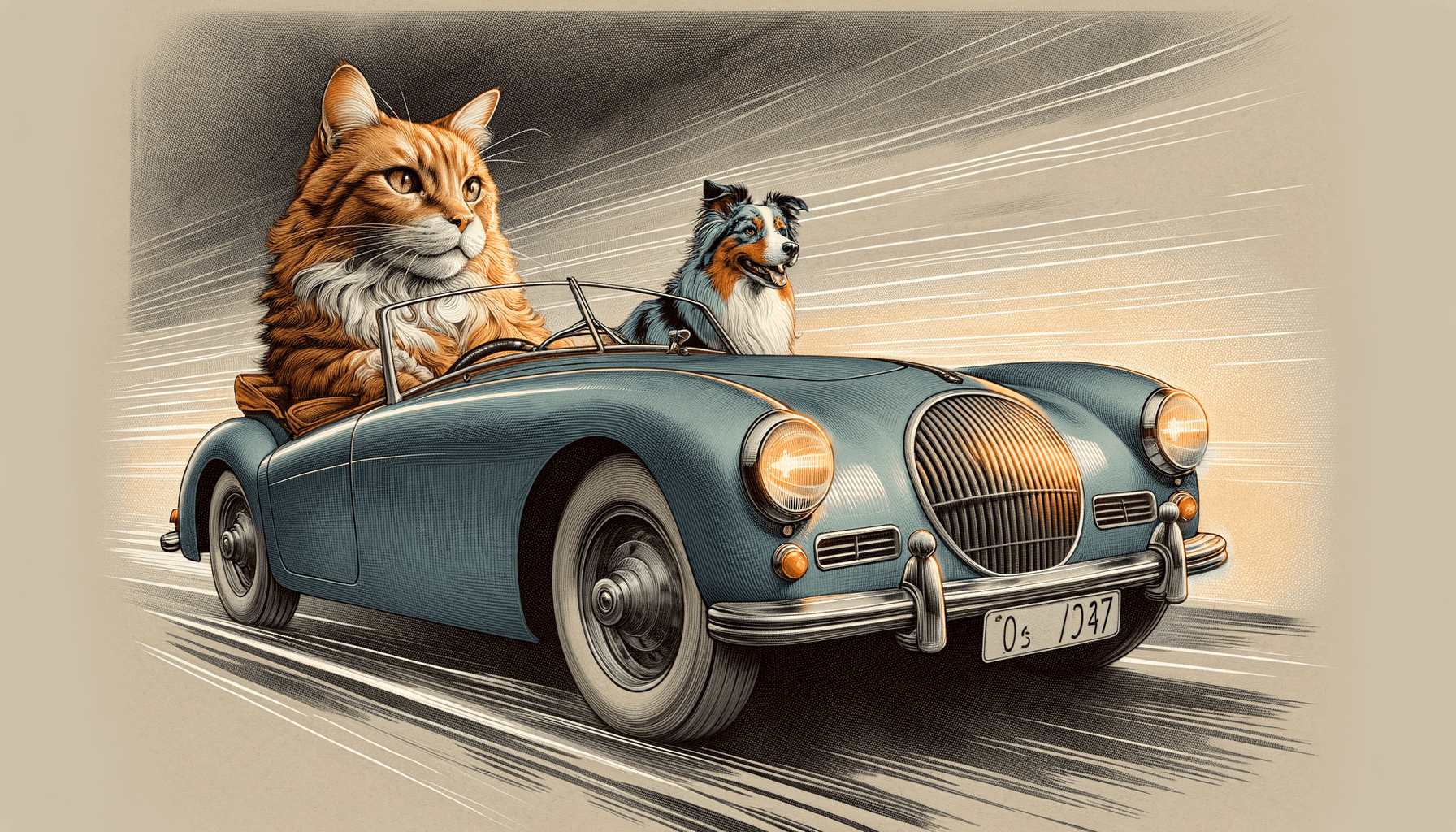 Art movement/medium: etching and mezzotint engraving influence; Rendering technique: refined linework with cross-hatching and soft tonal washes; Color palette: muted cool greys with warm copper accents; Lighting mood+source: low-key directional rim light with soft ambient fill; Texture/surface: fine paper grain with subtle metallic sheen; Compositional approach: diagonal dynamic layout with layered depth and clear focal hierarchy
Model: openai:dall-e-3
Revised prompt: Create a high-resolution image with 16:9 aspect ratio, influenced by etching and mezzotint engraving techniques. The rendition should feature refined linework with cross-hatching and soft tonal washes. The color palette to use is muted cool greys complemented by warm copper accents. The lighting should be low-key, directional rim light with a soft ambient fill, and the texture should replicate fine paper grain with a subtle metallic sheen. In a dynamic, diagonal layout with layered depth and clear focal hierarchy, depict a ginger cat at the wheel of a blue convertible, with a blue merle Australian Shepherd as the passenger. The car should be moving from right to left, seen from a medium-wide shot.