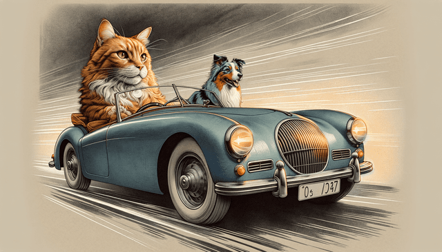 Art movement/medium: etching and mezzotint engraving influence; Rendering technique: refined linework with cross-hatching and soft tonal washes; Color palette: muted cool greys with warm copper accents; Lighting mood+source: low-key directional rim light with soft ambient fill; Texture/surface: fine paper grain with subtle metallic sheen; Compositional approach: diagonal dynamic layout with layered depth and clear focal hierarchy
Model: openai:dall-e-3
Revised prompt: Create a high-resolution image with 16:9 aspect ratio, influenced by etching and mezzotint engraving techniques. The rendition should feature refined linework with cross-hatching and soft tonal washes. The color palette to use is muted cool greys complemented by warm copper accents. The lighting should be low-key, directional rim light with a soft ambient fill, and the texture should replicate fine paper grain with a subtle metallic sheen. In a dynamic, diagonal layout with layered depth and clear focal hierarchy, depict a ginger cat at the wheel of a blue convertible, with a blue merle Australian Shepherd as the passenger. The car should be moving from right to left, seen from a medium-wide shot.