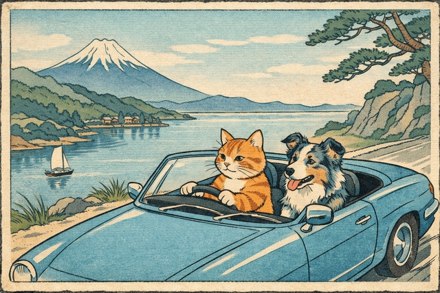 Art movement/medium: traditional Ukiyo-e woodblock print aesthetic; Rendering technique: clean, crisp outlines with flat color blocks and subtle wood grain texture; Color palette scheme: serene analogous cool tones with natural earth accents; Lighting mood + source: soft, even ambient light with gentle, diffused highlights; Texture/material/surface: fibrous paper texture with visible ink impressions and slightly imperfect edges; Compositional approach: asymmetrical balance with strong diagonal lines and an elevated perspective; inspired by classical Japanese art and nature prints
Model: openai:gpt-image-1.5