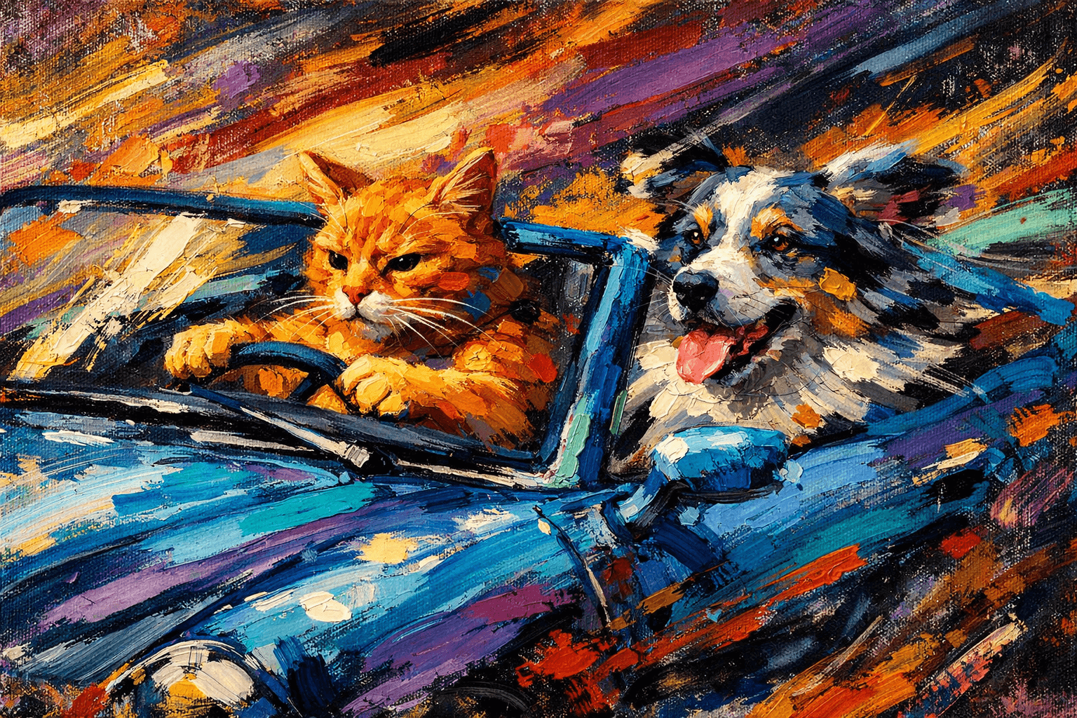 Art movement/medium: abstract expressionist painting aesthetic; Rendering technique: bold, gestural brushstrokes with thick impasto and dynamic movement; Color palette scheme: vibrant tertiary palette with expressive color clashes and deep, saturated tones; Lighting mood + source: dramatic, directional side lighting creating strong texture and deep shadows; Texture/material/surface: canvas texture with visible paint layers and a tactile, gritty finish; Compositional approach: energetic, asymmetrical composition with emphasis on movement and emotional intensity; inspired by action painting and post-war abstract art
Model: openai:gpt-image-1.5