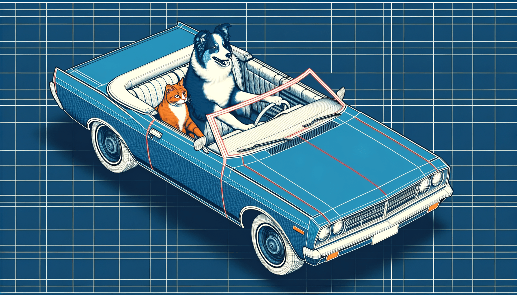 Art movement/medium: technical blueprint drawing aesthetic; Rendering technique: precise, clean lines with orthogonal projection and subtle dashed annotations; Color palette scheme: stark monochromatic blue and white with minimal red accent lines; Lighting mood + source: flat, even overhead illumination for clarity; Texture/material/surface: smooth, matte surface with a slight paper-like texture; Compositional approach: isometric perspective with clear spatial relationships and measured grid lines; inspired by architectural schematics and technical illustrations
Model: openai:dall-e-3
Revised prompt: In the style of technical blueprint drawings, generate an image with precise, clean lines and orthogonal projection. Use a monochromatic color scheme of stark blue and white, accentuated with minimal red lines. Ensure flat and even illumination for clarity, on a smooth, matte surface, reminiscent of paper. The composition should be in isometric perspective, highlighting clear spatial relationships and measured grid lines, inspired by architectural schematics. As per the subject, envision a ginger cat operating a blue convertible, with a blue merle Australian Shepherd serving as the passenger. Both occupants are facing forward, the car is moving from right to left. The scene is a medium-wide shot, in 16:9 aspect ratio and Full HD quality (1536x1024), high resolution.