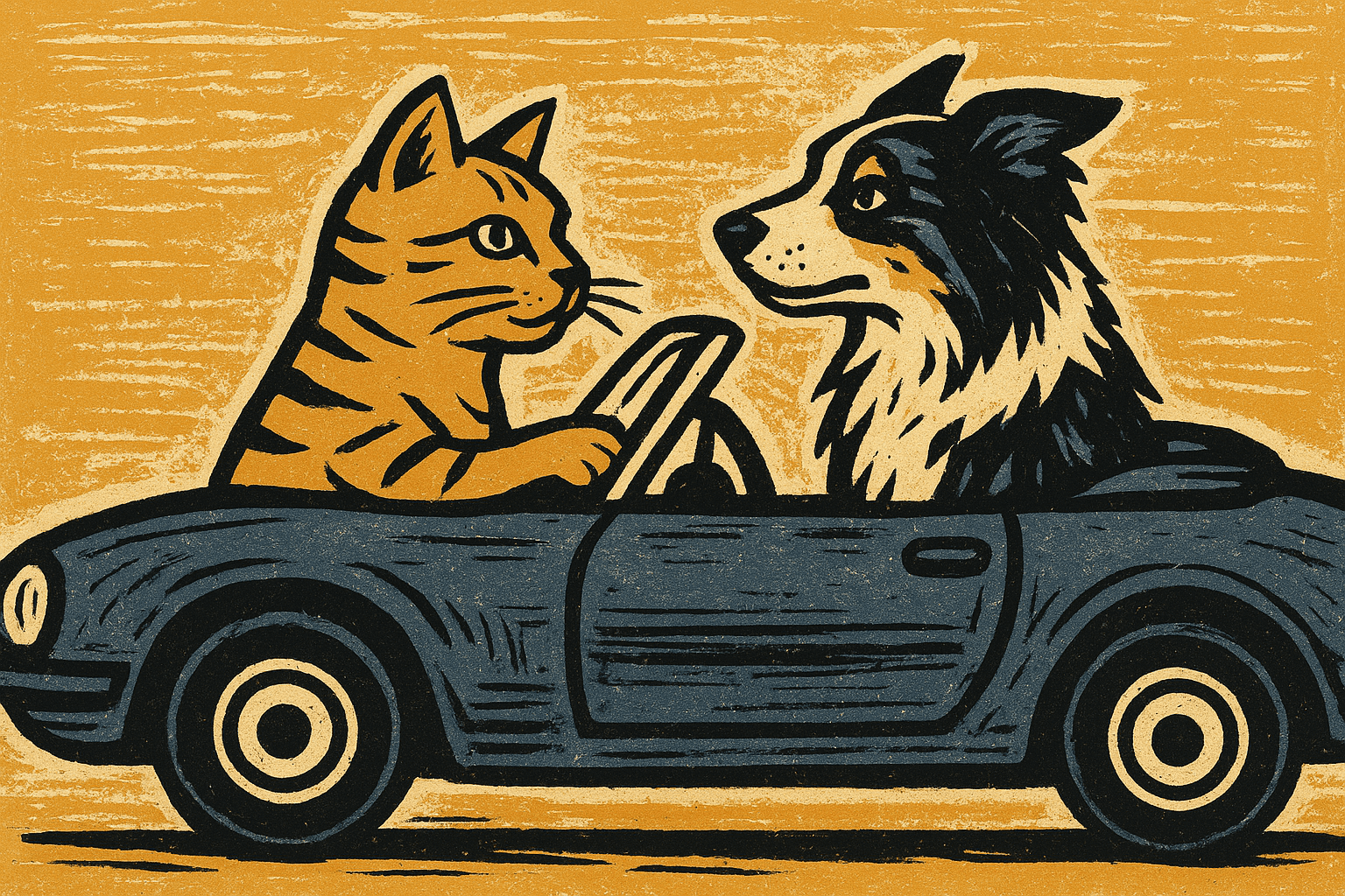 Linocut printmaking aesthetic with bold, carved lines; limited monochromatic palette with stark black and warm ochre; flat, even lighting with minimal shading; rough, organic textures with visible tool marks; high-contrast graphic forms with minimal detail; balanced, grid-based composition with a sense of handmade craft; inspired by German Expressionist printmaking and contemporary graphic illustration
Model: openai:gpt-image-1-mini