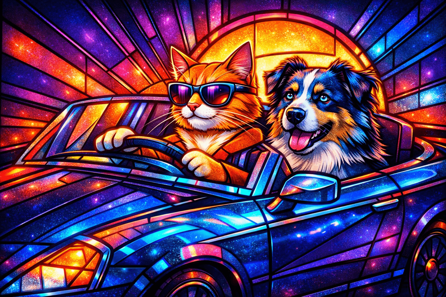 Art movement/medium: neon stained glass etching aesthetic; Rendering technique: sharp, defined lines with glowing edges and subtle internal textural patterns; Color palette scheme: vibrant complementary neons with deep cool undertones; Lighting mood + source: dynamic internal luminescence with strong backlighting creating radiant halos; Texture/material/surface: smooth, polished glass surface with frosted details and etched patterns; Compositional approach: bold, geometric forms with a sense of layered transparency and depth through color contrast; inspired by futuristic art deco and luminous kinetic sculpture
Model: openai:gpt-image-1.5