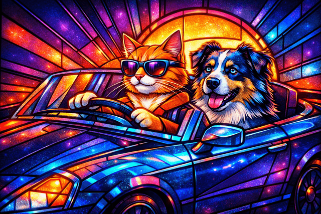 Art movement/medium: neon stained glass etching aesthetic; Rendering technique: sharp, defined lines with glowing edges and subtle internal textural patterns; Color palette scheme: vibrant complementary neons with deep cool undertones; Lighting mood + source: dynamic internal luminescence with strong backlighting creating radiant halos; Texture/material/surface: smooth, polished glass surface with frosted details and etched patterns; Compositional approach: bold, geometric forms with a sense of layered transparency and depth through color contrast; inspired by futuristic art deco and luminous kinetic sculpture
Model: openai:gpt-image-1.5