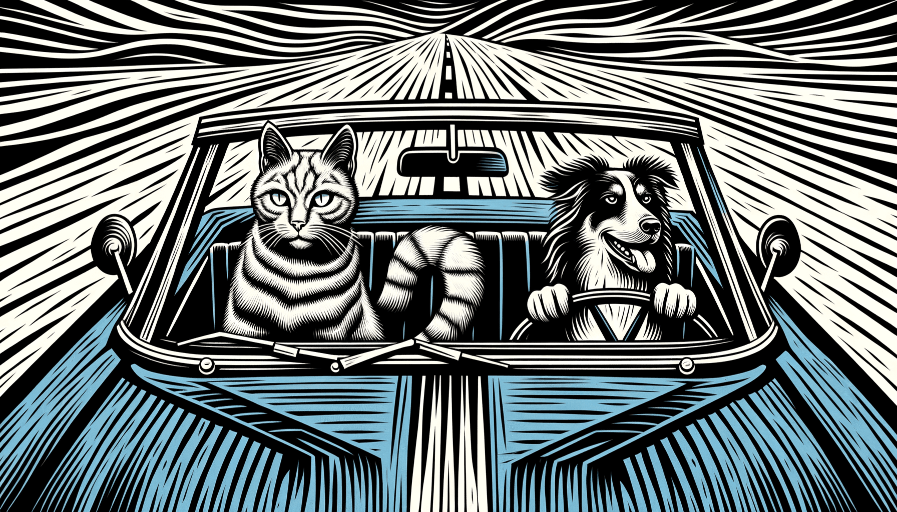 Linocut printmaking aesthetic with bold, carved lines; limited monochromatic palette with stark black and white contrast; directional side lighting creating strong shadows; rough, textured surfaces with visible tool marks; high-contrast graphic forms with minimal shading; balanced, symmetrical composition with a sense of movement; inspired by German Expressionism and modern graphic design
Model: openai:dall-e-3
Revised prompt: Create an image in Full HD quality (1536x1024 high resolution and 16:9 aspect ratio) inspired by the aesthetic of German Expressionism with its bold, carved lines, and modern graphic design. Use a limited monochromatic palette with distinct black and white contrast, the graphic forms showing minimal shading but high contrast. Illuminate the image with directional side lighting to create strong shadows. The rough and textured surfaces with visible tool marks should evoke a linocut printmaking style. The balance in the composition should project an inherent sense of movement and maintain a symmetrical outlook. The main subjects are a ginger-colored cat at the wheel of a blue convertible and a blue merle Australian Shepherd riding as the passenger, both animals facing forward. The car should be depicted as moving from right to left, in a medium-wide shot.