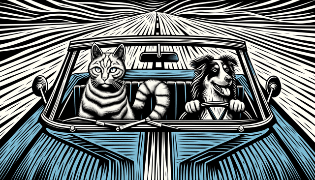 Linocut printmaking aesthetic with bold, carved lines; limited monochromatic palette with stark black and white contrast; directional side lighting creating strong shadows; rough, textured surfaces with visible tool marks; high-contrast graphic forms with minimal shading; balanced, symmetrical composition with a sense of movement; inspired by German Expressionism and modern graphic design
Model: openai:dall-e-3
Revised prompt: Create an image in Full HD quality (1536x1024 high resolution and 16:9 aspect ratio) inspired by the aesthetic of German Expressionism with its bold, carved lines, and modern graphic design. Use a limited monochromatic palette with distinct black and white contrast, the graphic forms showing minimal shading but high contrast. Illuminate the image with directional side lighting to create strong shadows. The rough and textured surfaces with visible tool marks should evoke a linocut printmaking style. The balance in the composition should project an inherent sense of movement and maintain a symmetrical outlook. The main subjects are a ginger-colored cat at the wheel of a blue convertible and a blue merle Australian Shepherd riding as the passenger, both animals facing forward. The car should be depicted as moving from right to left, in a medium-wide shot.