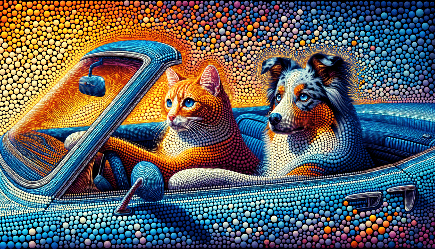 Art movement/medium: abstract pointillist mosaic aesthetic; Rendering technique: dense, intricate dot patterns with precise color placement; Color palette scheme: bright, complementary palette with high saturation and distinct color separation; Lighting mood + source: soft, diffused ambient light with minimal shadow; Texture/material/surface: smooth, glossy surface with subtle reflective sheen; Compositional approach: fragmented, interlocking composition with emphasis on color harmony and visual rhythm
Model: openai:dall-e-3
Revised prompt: An artwork inspired by the abstract pointillist mosaic aesthetic, utilizing dense, intricate dot patterns, with each dot meticulously colored. The whole forms a bright, complementary palette with high saturation and distinct color separation. The lighting source creates soft, diffused ambient light with minimal shadow. The surface of the mosaic appears smooth and glossy, reflecting subtle sheen. The fragmented, interlocking composition emphasizes color harmony and visual rhythm. Its quality matches Full HD resolution (1536x1024) in 16:9 aspect ratio. It reveals a ginger cat, identified as the driver, and a blue merle Australian Shepherd as the passenger in a blue convertible car. They are moving from right to left and are captured in a medium-wide shot displaying their forward-facing view.