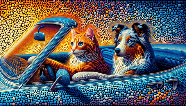 Art movement/medium: abstract pointillist mosaic aesthetic; Rendering technique: dense, intricate dot patterns with precise color placement; Color palette scheme: bright, complementary palette with high saturation and distinct color separation; Lighting mood + source: soft, diffused ambient light with minimal shadow; Texture/material/surface: smooth, glossy surface with subtle reflective sheen; Compositional approach: fragmented, interlocking composition with emphasis on color harmony and visual rhythm
Model: openai:dall-e-3
Revised prompt: An artwork inspired by the abstract pointillist mosaic aesthetic, utilizing dense, intricate dot patterns, with each dot meticulously colored. The whole forms a bright, complementary palette with high saturation and distinct color separation. The lighting source creates soft, diffused ambient light with minimal shadow. The surface of the mosaic appears smooth and glossy, reflecting subtle sheen. The fragmented, interlocking composition emphasizes color harmony and visual rhythm. Its quality matches Full HD resolution (1536x1024) in 16:9 aspect ratio. It reveals a ginger cat, identified as the driver, and a blue merle Australian Shepherd as the passenger in a blue convertible car. They are moving from right to left and are captured in a medium-wide shot displaying their forward-facing view.