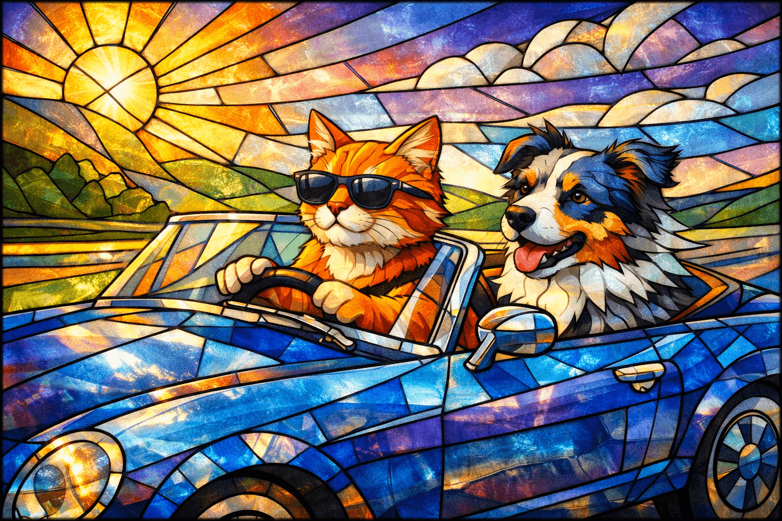 Stained glass art aesthetic with bold lead lines and faceted planes; vibrant jewel-toned color palette, strong chromatic contrast; ethereal backlighting creating radiant glows and refracted light patterns; smooth, translucent textures with subtle internal variations; segmented, mosaic-like forms with defined contours; intricate, geometric composition with a sense of luminous storytelling; inspired by Art Nouveau stained glass and modern geometric abstraction
Model: openai:gpt-image-1.5