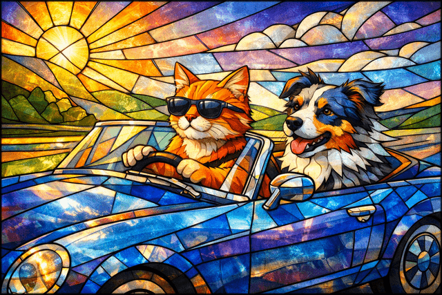 Stained glass art aesthetic with bold lead lines and faceted planes; vibrant jewel-toned color palette, strong chromatic contrast; ethereal backlighting creating radiant glows and refracted light patterns; smooth, translucent textures with subtle internal variations; segmented, mosaic-like forms with defined contours; intricate, geometric composition with a sense of luminous storytelling; inspired by Art Nouveau stained glass and modern geometric abstraction
Model: openai:gpt-image-1.5