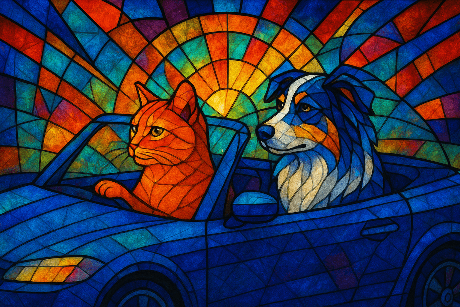 Stained glass art aesthetic with bold lead lines and faceted planes; vibrant jewel-toned color palette, strong chromatic contrast; ethereal backlighting creating radiant glows and refracted light patterns; smooth, translucent textures with subtle internal variations; segmented, mosaic-like forms with defined contours; intricate, geometric composition with a sense of luminous storytelling; inspired by Art Nouveau stained glass and modern geometric abstraction
Model: openai:gpt-image-1-mini