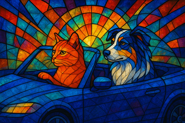 Stained glass art aesthetic with bold lead lines and faceted planes; vibrant jewel-toned color palette, strong chromatic contrast; ethereal backlighting creating radiant glows and refracted light patterns; smooth, translucent textures with subtle internal variations; segmented, mosaic-like forms with defined contours; intricate, geometric composition with a sense of luminous storytelling; inspired by Art Nouveau stained glass and modern geometric abstraction
Model: openai:gpt-image-1-mini