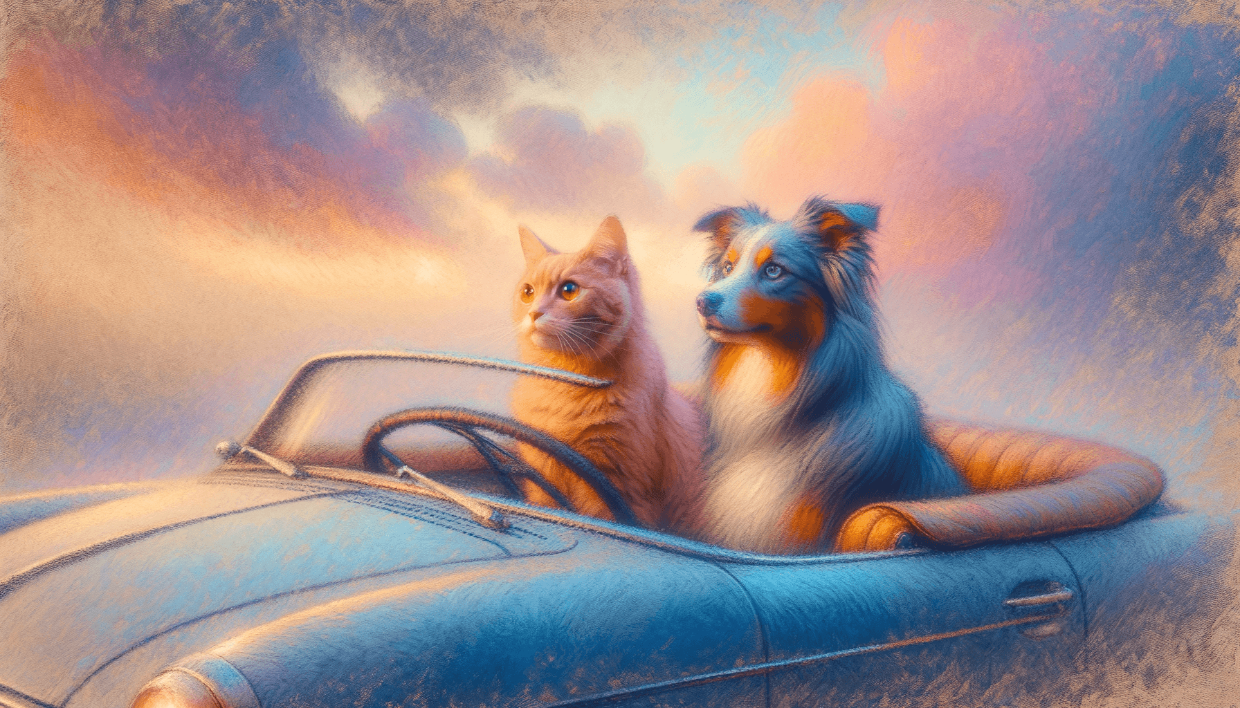 Soft pastel sketch aesthetic with blended edges; muted pastel color palette featuring warm peach and cool lavender accents; gentle, diffused ambient lighting creating a dreamy atmosphere; smooth, matte textures with subtle grain; delicate, layered composition with a sense of depth and softness; inspired by impressionist sketches and contemporary pastel techniques
Model: openai:dall-e-3
Revised prompt: Imagine a soft pastel sketch with a dreamy quality, painted with warm peach and cool lavender accents, akin to the impressionist era, thus creating a serene atmosphere. The textures are smooth and matte, with a barely noticeable grain. The composition has layers and a sense of depth. In this immersive setting, picture a ginger cat in the driver's seat of a blue convertible. The cat has an air of determination as it steers the car from right to left. Sharing the journey is a passenger, a blue merle Australian Shepherd. Both animals are facing forward in a medium-wide shot. The image is framed in a 16:9 aspect ratio, in Full HD quality (1536x1024), and boasts high resolution.