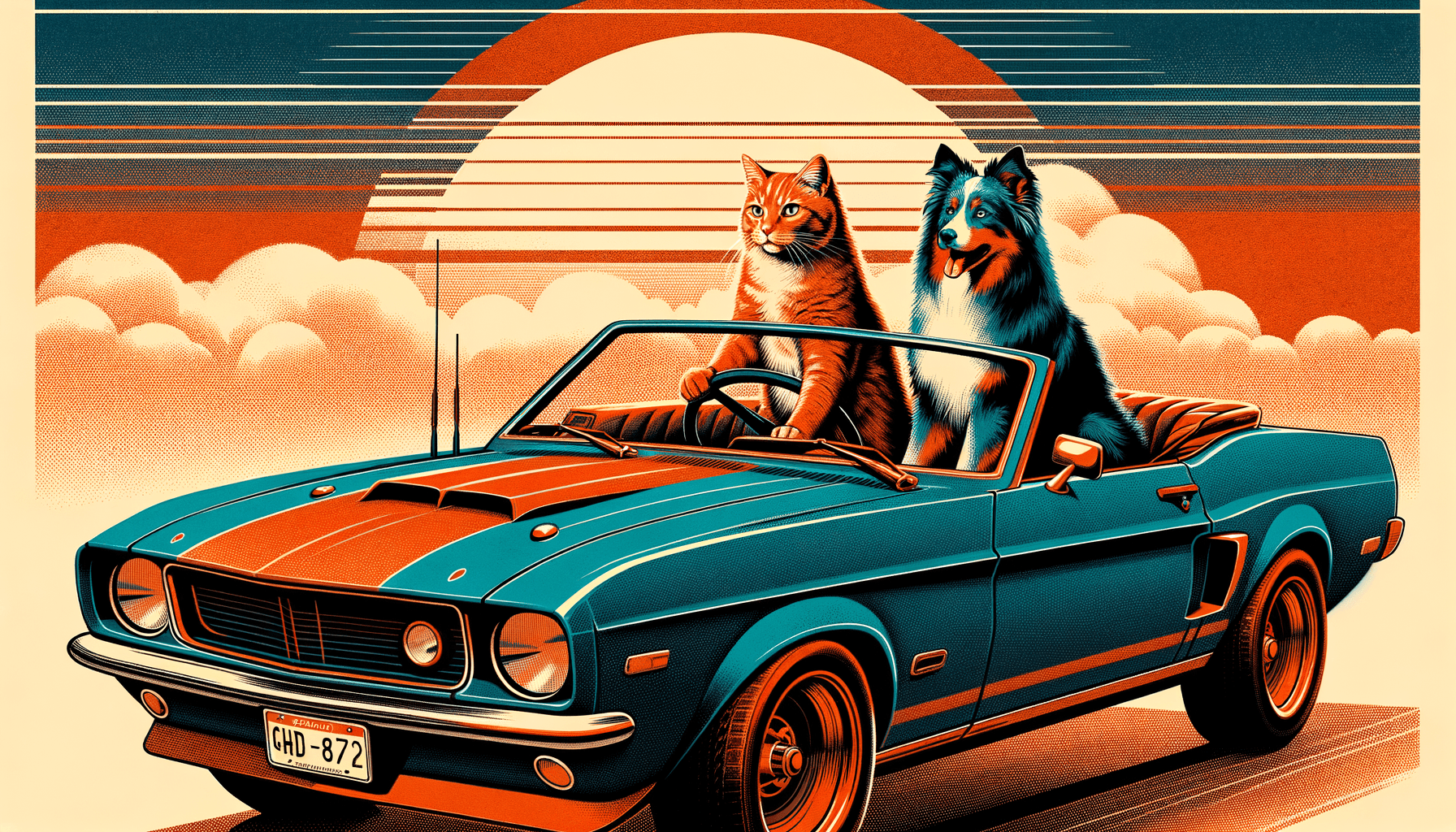 Art movement/medium: risograph zine print aesthetic; Rendering technique: bold halftone screens and limited spot-color overlays with intentional registration shifts; Color palette scheme: restrained duotone/triad using warm vermilion and cool cyan with a neutral paper tone; Lighting mood + source: flat, print-like illumination with subtle cast of paper edge shadow; Texture/material/surface: coarse paper grain with visible ink bleed and slight imperfect edges; Compositional approach: graphic, panel-like asymmetrical layout with strong negative space and layered overlays
Model: openai:dall-e-3
Revised prompt: Visualize a high resolution scene in 16:9 aspect ratio, Full HD quality (1536x1024), artfully employing the risograph zine print aesthetic. Utilize a restrained scheme of warm vermilion and cool cyan with a neutral paper tone to color the composition. Emulate coarse paper grain with visible ink bleed and slight imperfect edges, under flat, print-like illumination with subtle cast of paper edge shadow. Arrange the composition in a graphic, panel-like asymmetrical layout with strong negative space and layered overlays. The main subjects are a ginger cat at the steering wheel, driving a rich cyan-colored convertible from right to left in a medium-wide shot. Sitting beside the cat is a blue merle Australian Shepherd, both facing forward. Render with intense, bold halftone screens and limited spot-color overlays, capturing the charm of intentional registration shifts.