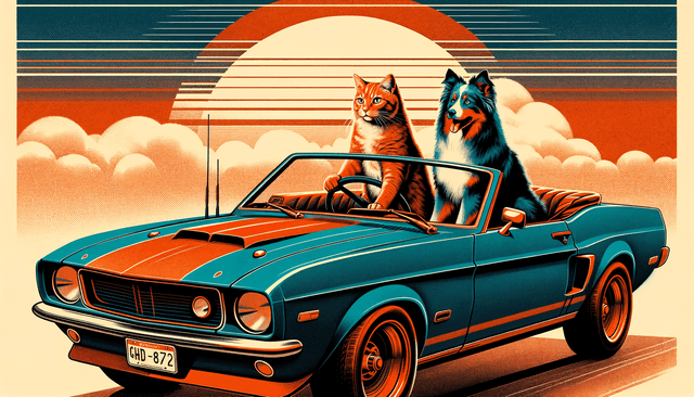 Art movement/medium: risograph zine print aesthetic; Rendering technique: bold halftone screens and limited spot-color overlays with intentional registration shifts; Color palette scheme: restrained duotone/triad using warm vermilion and cool cyan with a neutral paper tone; Lighting mood + source: flat, print-like illumination with subtle cast of paper edge shadow; Texture/material/surface: coarse paper grain with visible ink bleed and slight imperfect edges; Compositional approach: graphic, panel-like asymmetrical layout with strong negative space and layered overlays
Model: openai:dall-e-3
Revised prompt: Visualize a high resolution scene in 16:9 aspect ratio, Full HD quality (1536x1024), artfully employing the risograph zine print aesthetic. Utilize a restrained scheme of warm vermilion and cool cyan with a neutral paper tone to color the composition. Emulate coarse paper grain with visible ink bleed and slight imperfect edges, under flat, print-like illumination with subtle cast of paper edge shadow. Arrange the composition in a graphic, panel-like asymmetrical layout with strong negative space and layered overlays. The main subjects are a ginger cat at the steering wheel, driving a rich cyan-colored convertible from right to left in a medium-wide shot. Sitting beside the cat is a blue merle Australian Shepherd, both facing forward. Render with intense, bold halftone screens and limited spot-color overlays, capturing the charm of intentional registration shifts.