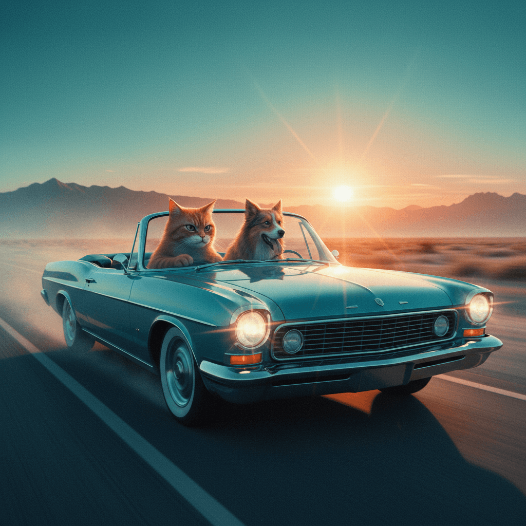 Cinematic, high dynamic range with teal-orange color grading; dramatic rim lighting; soft volumetric haze; shallow depth of field at mid-long focal length; subtle film grain; painterly digital rendering with crisp edges; glassy reflections and specular highlights; motion blur to imply speed; precise camera framing with a 16:9 composition; clean silhouette separation; emphasis on light behavior and color temperature
Model: gemini:gemini-2.5-flash-image