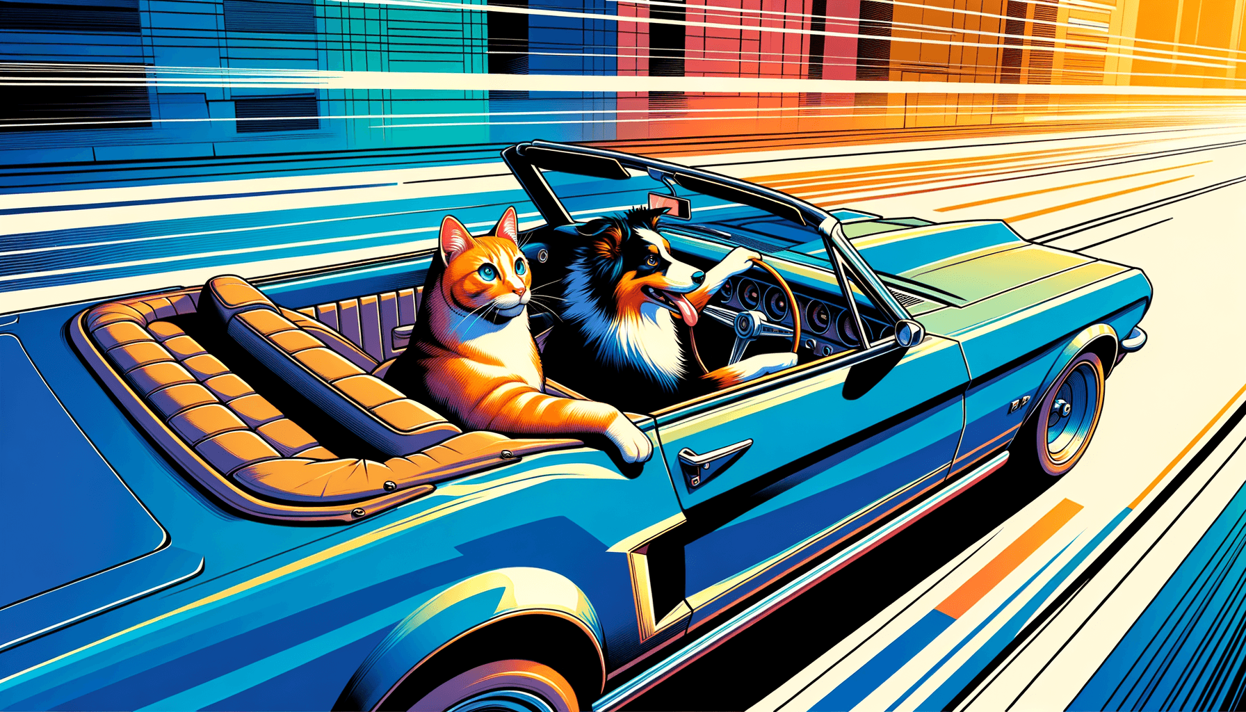Dynamic cell-shaded rendering with bold outlines and flat color blocks; vibrant primary and secondary palette; strong directional light creating crisp shadows and focused highlights; graphic novel influence with energetic composition and dramatic perspective; clean visual separation and sharp edges; stylized depth of field with distinct foreground-background layering
Model: openai:dall-e-3
Revised prompt: Imagine a dynamic, cell-shaded image with bold outlines and color blocks filled with vibrant primary and secondary shades. The scene has a strong directional light resulting in crisp shadows and concentrated highlights, bringing an influence of graphic novel with an energetic composition and dramatic perspective. The image presents clean visual separation with sharp edges and a stylized depth of field that distinctly layers the foreground and background. In this high-resolution image in 16:9 aspect ratio, you see a ginger cat, the driver, and a Australian Shepherd, the passenger, both in a blue convertible facing forward. The car is moving from right to left in a medium-wide shot.