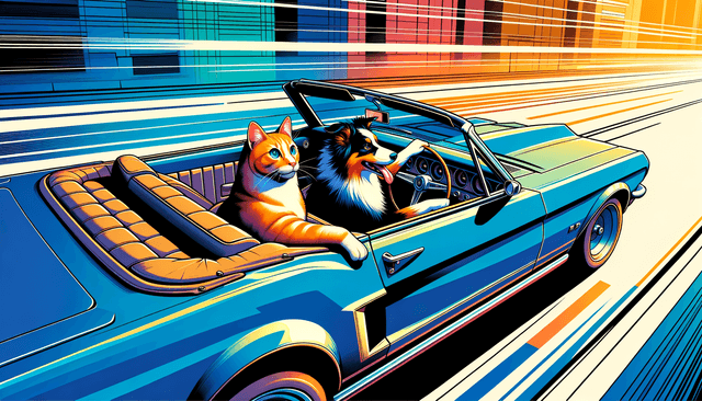 Dynamic cell-shaded rendering with bold outlines and flat color blocks; vibrant primary and secondary palette; strong directional light creating crisp shadows and focused highlights; graphic novel influence with energetic composition and dramatic perspective; clean visual separation and sharp edges; stylized depth of field with distinct foreground-background layering
Model: openai:dall-e-3
Revised prompt: Imagine a dynamic, cell-shaded image with bold outlines and color blocks filled with vibrant primary and secondary shades. The scene has a strong directional light resulting in crisp shadows and concentrated highlights, bringing an influence of graphic novel with an energetic composition and dramatic perspective. The image presents clean visual separation with sharp edges and a stylized depth of field that distinctly layers the foreground and background. In this high-resolution image in 16:9 aspect ratio, you see a ginger cat, the driver, and a Australian Shepherd, the passenger, both in a blue convertible facing forward. The car is moving from right to left in a medium-wide shot.