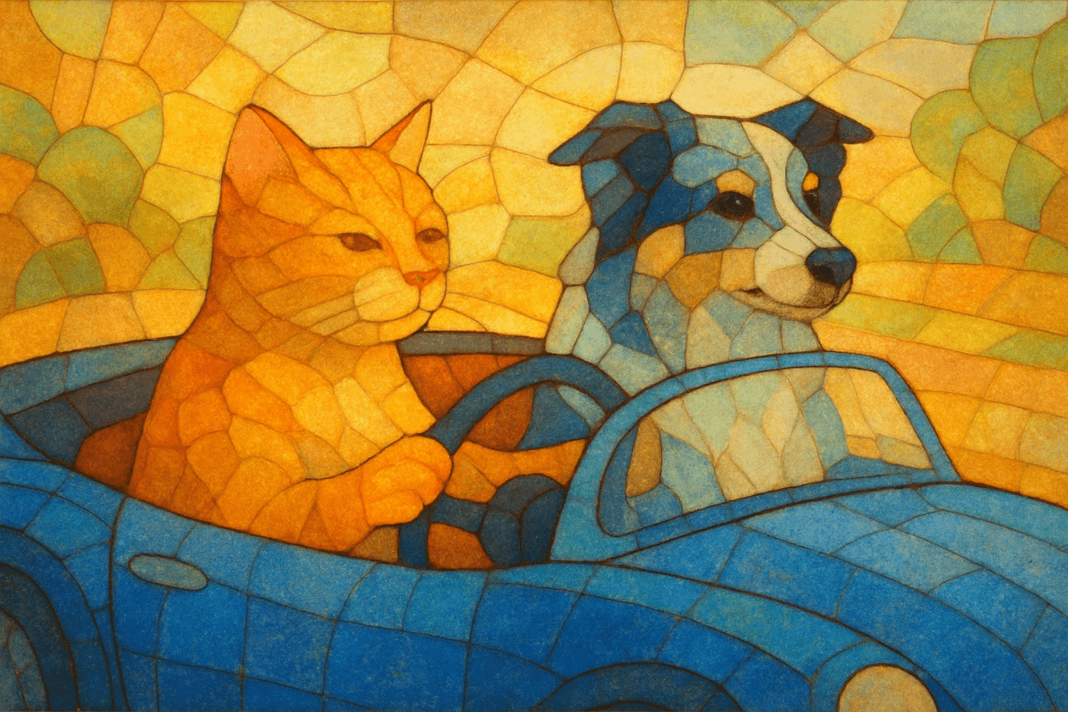 Art movement/medium: stained glass mosaic aesthetic; Rendering technique: fragmented color planes with soft-edged tessellation and subtle light diffusion; Color palette scheme: warm analogous palette with soft pastel accents and gentle tonal transitions; Lighting mood + source: soft dappled lighting creating gentle luminosity and subtle gradient shifts; Texture/material/surface: smooth, slightly textured glass surface with soft light refraction; Compositional approach: balanced, flowing composition with organic shapes and harmonious visual rhythm; inspired by Art Nouveau stained glass and abstract mosaic techniques
Model: openai:gpt-image-1