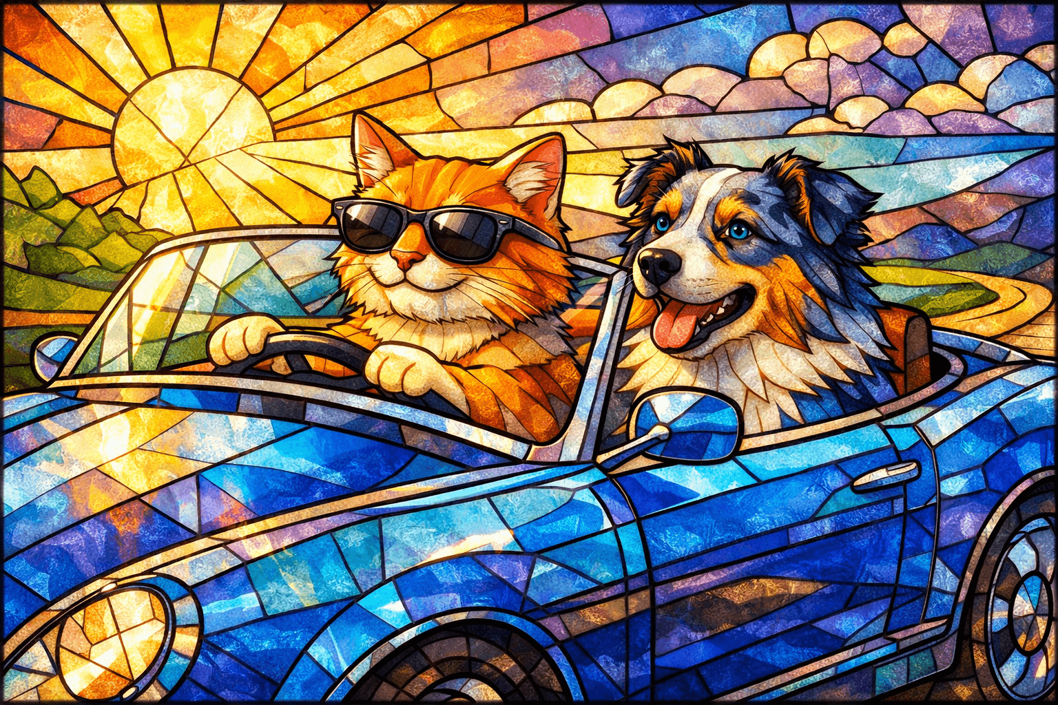 Stained-glass mosaic aesthetic; rendering with leaded segment lines and faceted glass planes; jewel-tone complementary palette with luminous gradients and opalescent highlights; strong backlighting for radiant translucency and halo glow; crisp cell-shading edges with subtle bevel reflections; geometric radial composition, decorative Art Nouveau influence
Model: openai:gpt-image-1.5