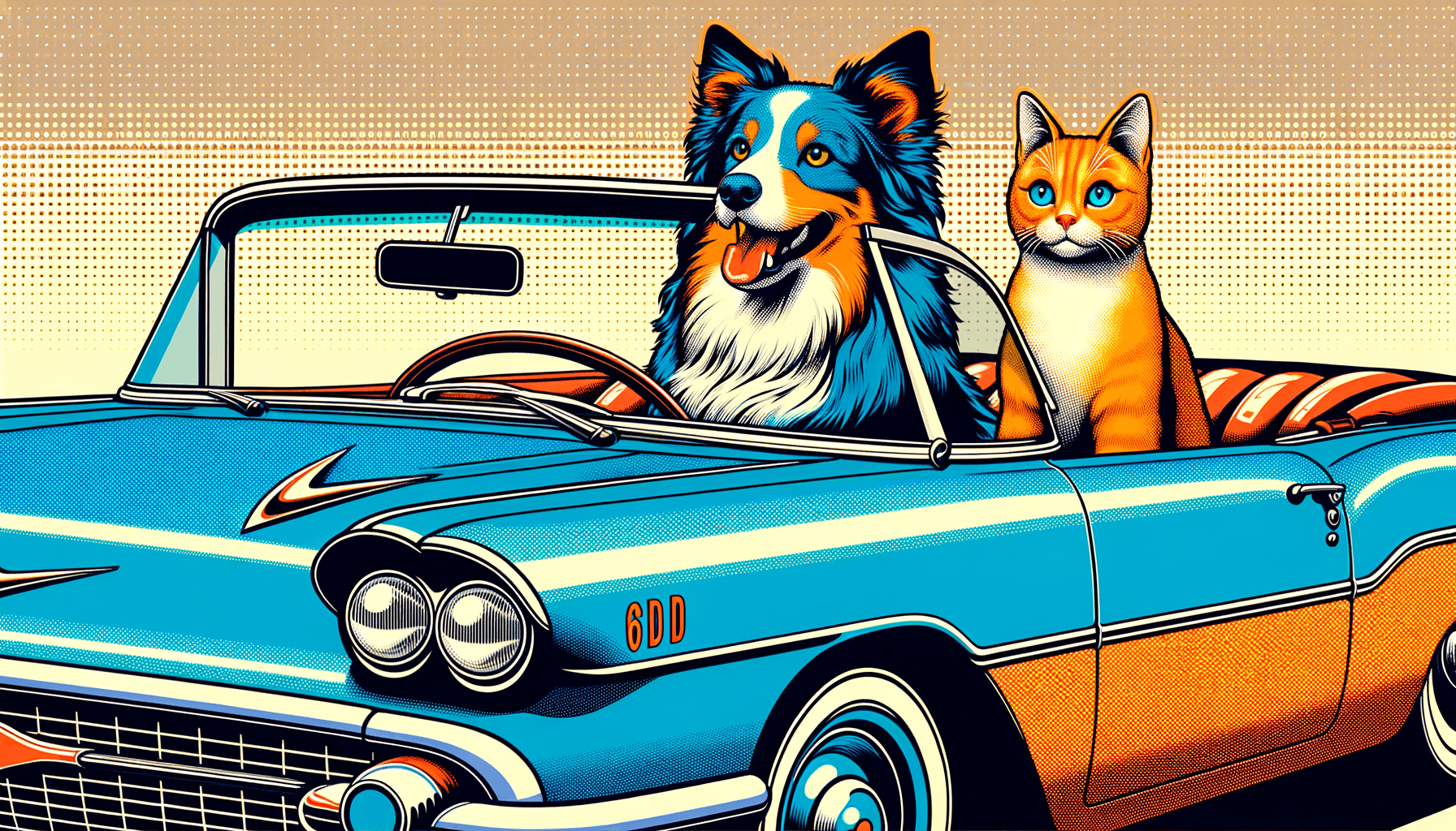 Art movement/medium: retro pop-art aesthetic; Rendering technique: bold halftone dots with high contrast outlines and flat color blocks; Color palette scheme: vibrant complementary colors with high saturation and pop-art brightness; Lighting mood + source: flat, even lighting with strong, graphic shadows; Texture/material/surface: smooth, glossy surface with a slight dot matrix texture; Compositional approach: dynamic, balanced composition with strong focal points and a sense of movement; inspired by comic book art and vintage advertisement designs
Model: openai:dall-e-3
Revised prompt: Create a 16:9 aspect ratio image in Full HD quality and high resolution, using a retro pop-art aesthetic. Use bold halftone dots with high contrast outlines and flat color blocks to render the image. Let the color palette scheme be vibrant complementary colors with high saturation and pop-art brightness. The lighting mood should be flat with even lighting and strong, graphic shadows. The surface should be smooth, glossy with a slight dot matrix texture. Adopt a dynamic, balanced compositional approach with strong focal points and a sense of movement, inspired by comic book art and vintage advertisement designs. The main subject is a ginger cat, giving the impression of driving a blue convertible. Sitting beside it is a blue merle Australian Shepherd. They are both facing forward with the car moving from right to left, captured in a medium-wide shot.