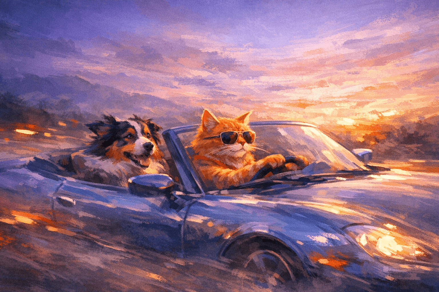 Velvet dusk motion painting; soft, diffuse lighting with a cool-to-warm gradient; painterly digital rendering with restrained edge fidelity; volumetric haze; abstracted light behavior inspired by impressionist practice; bold color theory with complementary tensions; dynamic perspective with intentional motion cues; glassy reflections and specular highlights; cinematic composition and camera-aware framing
Model: openai:gpt-image-1.5