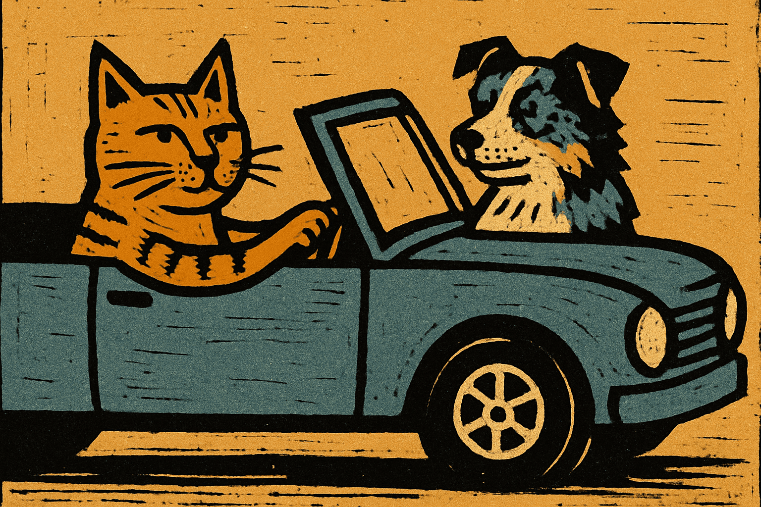 Linocut printmaking aesthetic with bold, carved lines; limited monochromatic palette with stark black and warm ochre; flat, even lighting with minimal shading; rough, organic textures with visible tool marks; high-contrast graphic forms with minimal detail; balanced, grid-based composition with a sense of handmade craft; inspired by German Expressionist printmaking and contemporary graphic illustration
Model: openai:gpt-image-1