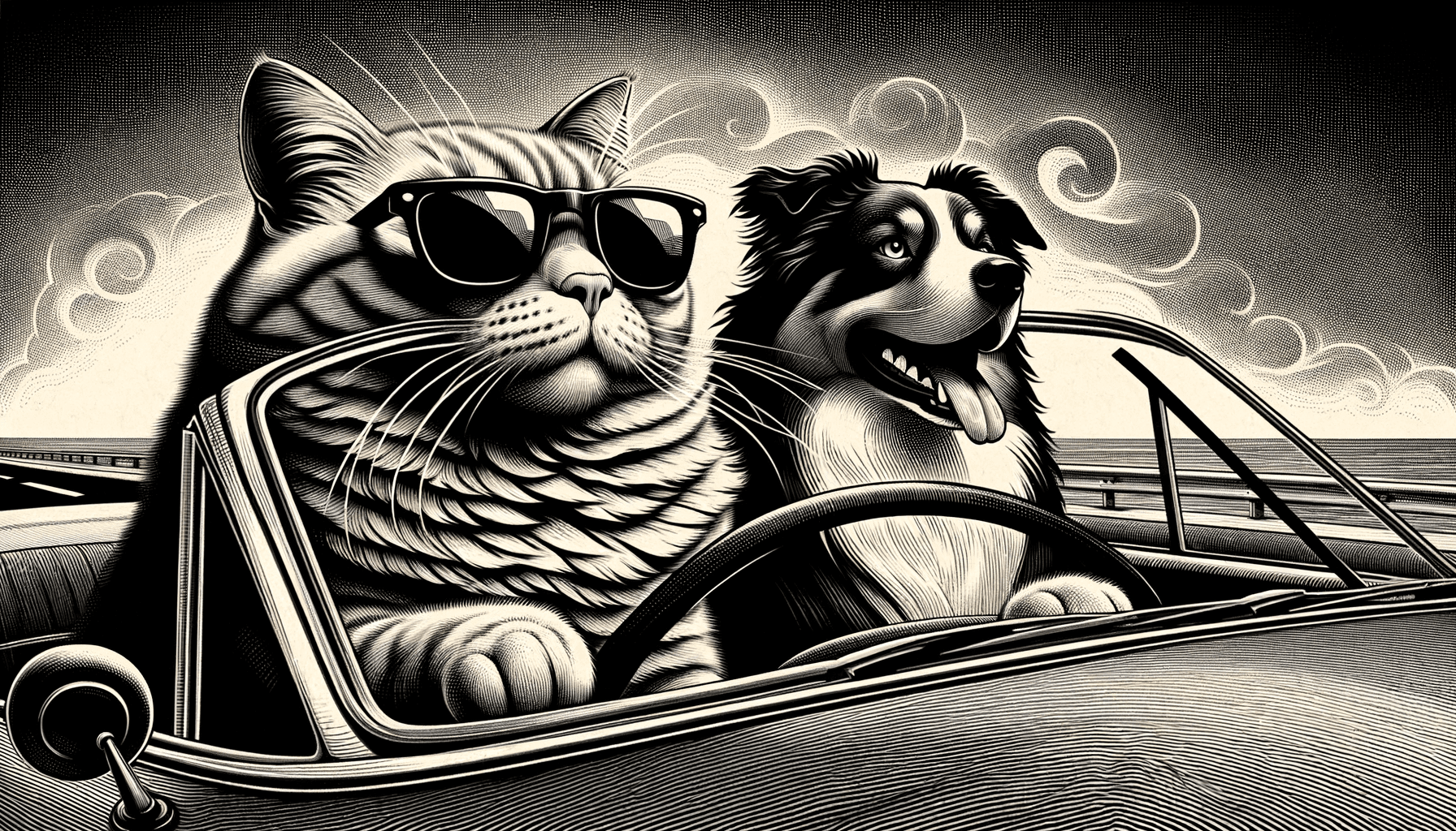 High-contrast monochromatic engraving style; deep blacks and crisp whites with subtle gray gradients; intricate cross-hatching and fine line detailing; dramatic spotlighting creating stark shadows; textured paper-like surface with visible grain; dynamic composition with strong diagonal movement; inspired by classical etching techniques and modern graphic novel aesthetics
Model: openai:dall-e-3
Revised prompt: Create a high-contrast monochromatic engraving-style image, characterized by deep blacks, crisp whites, and subtle gray gradients. Incorporate intricate cross-hatching and fine line detailing. Use dramatic spotlighting to create stark shadows against a textured, paper-like surface with visible grain. The composition should exhibit a strong diagonal movement, and draw inspiration from classical etching techniques and modern graphic novel aesthetics. Envision a ginger cat driving a blue convertible, with an Australian Shepherd as the passenger, both looking forward. The car should be moving from right to left in a medium-wide shot. Maintain a 16:9 aspect ratio and Full HD quality (1536x1024), ensuring a high-resolution output.