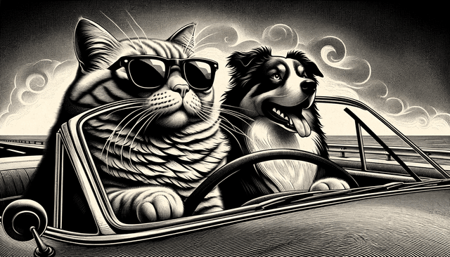 High-contrast monochromatic engraving style; deep blacks and crisp whites with subtle gray gradients; intricate cross-hatching and fine line detailing; dramatic spotlighting creating stark shadows; textured paper-like surface with visible grain; dynamic composition with strong diagonal movement; inspired by classical etching techniques and modern graphic novel aesthetics
Model: openai:dall-e-3
Revised prompt: Create a high-contrast monochromatic engraving-style image, characterized by deep blacks, crisp whites, and subtle gray gradients. Incorporate intricate cross-hatching and fine line detailing. Use dramatic spotlighting to create stark shadows against a textured, paper-like surface with visible grain. The composition should exhibit a strong diagonal movement, and draw inspiration from classical etching techniques and modern graphic novel aesthetics. Envision a ginger cat driving a blue convertible, with an Australian Shepherd as the passenger, both looking forward. The car should be moving from right to left in a medium-wide shot. Maintain a 16:9 aspect ratio and Full HD quality (1536x1024), ensuring a high-resolution output.