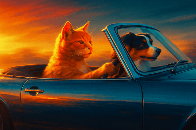 Sunset chrome symphony: directional, high-contrast lighting; warm-to-cool duotone gradient; crisp digital rendering with edge fidelity; subtle motion blur in background; volumetric haze and reflective surfaces; cinematic framing with camera-aware perspective; painterly yet precise strokes; filmic grain and color grading influenced by digital concept art
Model: openai:gpt-image-1