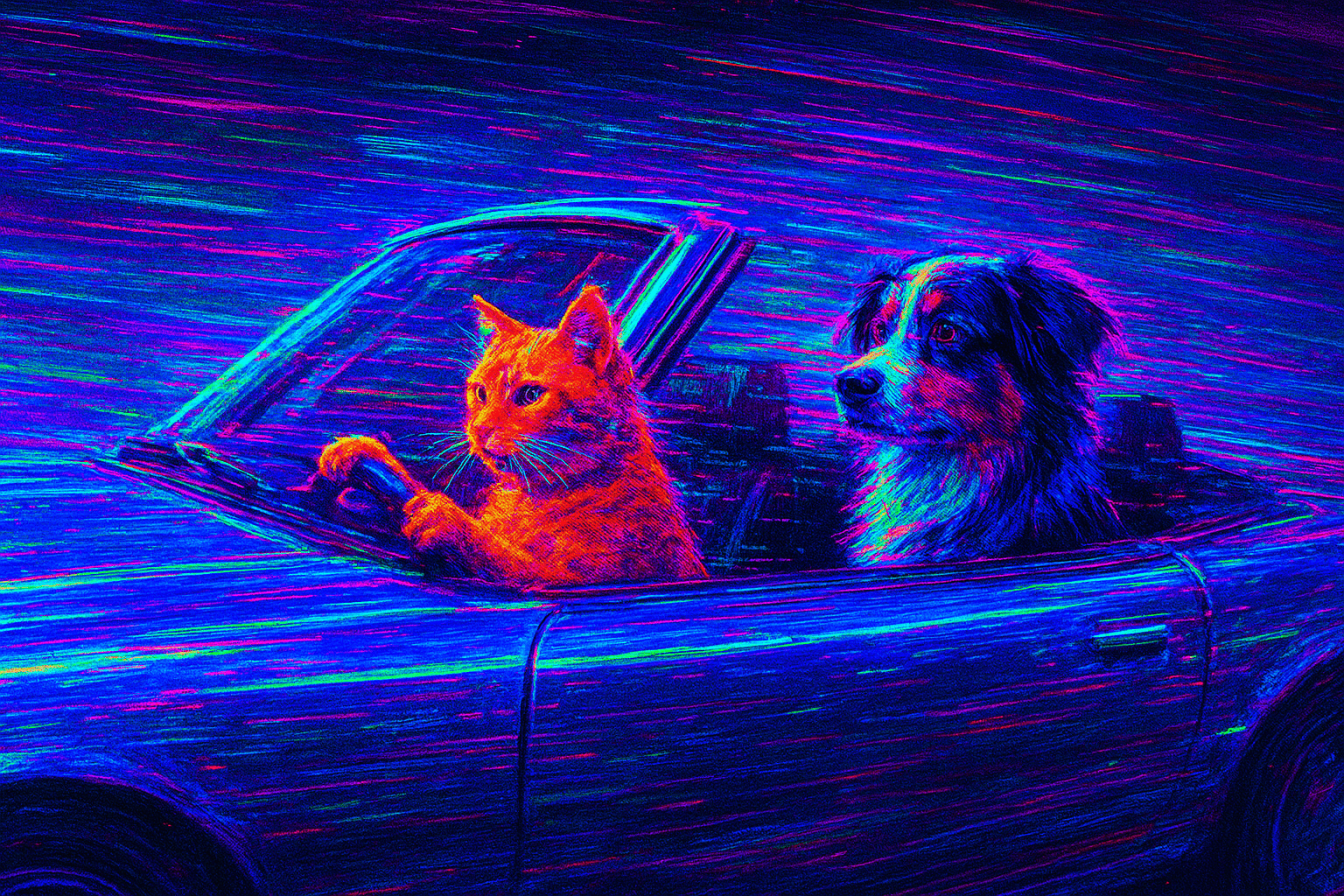 Dynamic neon glitch aesthetic; vivid cyberpunk color palette with electric blues, fuchsias, and lime greens; sharp, hard-edged backlighting and vibrant reflections; digital pixelation and subtle scanline artifacts; extreme wide-angle lens perspective with distorted edges; strong sense of motion blur and digital noise; inspired by retrofuturist graphic design and experimental video art
Model: openai:gpt-image-1-mini