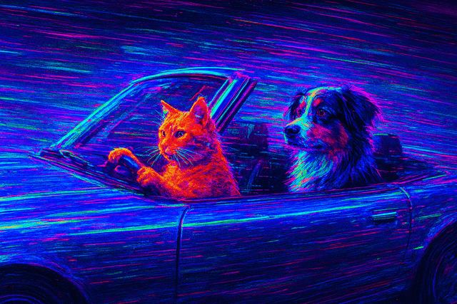 Dynamic neon glitch aesthetic; vivid cyberpunk color palette with electric blues, fuchsias, and lime greens; sharp, hard-edged backlighting and vibrant reflections; digital pixelation and subtle scanline artifacts; extreme wide-angle lens perspective with distorted edges; strong sense of motion blur and digital noise; inspired by retrofuturist graphic design and experimental video art
Model: openai:gpt-image-1-mini