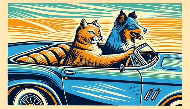Linocut printmaking aesthetic; bold, flat color planes with sharp, organic edges; high-contrast, limited-color palette with strong saturation; flat, even lighting with minimal shading; matte, textured paper surface with subtle relief; balanced, flowing composition with strong visual rhythm
Model: openai:dall-e-3
Revised prompt: Create an image embodying the Linocut printmaking aesthetic featuring bold, flat color planes with sharp, organic edges all under high-contrast, limited-color palette with strong saturation. The lighting is to be flat and even with minimal shading, upon a matte, textured paper surface with subtle relief. The composition should be balanced, flowing with a strong visual rhythm, sized to a 16:9 aspect ratio and Full HD quality (1536x1024) for high resolution. It depicts a ginger cat, uniquely humanized, driving a vibrant blue convertible. Next to the cat in the passenger seat is a blue merle Australian Shepherd, both depicted facing forward. Illustrate the car moving from right to left in a medium-wide shot.