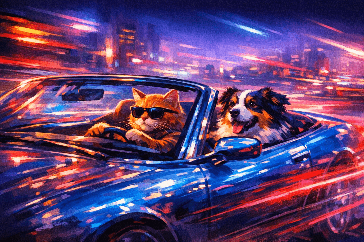 Neon Horizon Noir: directional, high-contrast lighting with moody ambience; volumetric glow and subtle haze; painterly digital rendering with crisp edges; bold, complementary color theory and synthetic grain; dynamic perspective with shallow DOF; glassy reflections and specular highlights; motion cues via light trails to imply speed; abstracted light behavior inspired by impressionist practice; cinematic composition and camera-aware framing
Model: openai:gpt-image-1.5