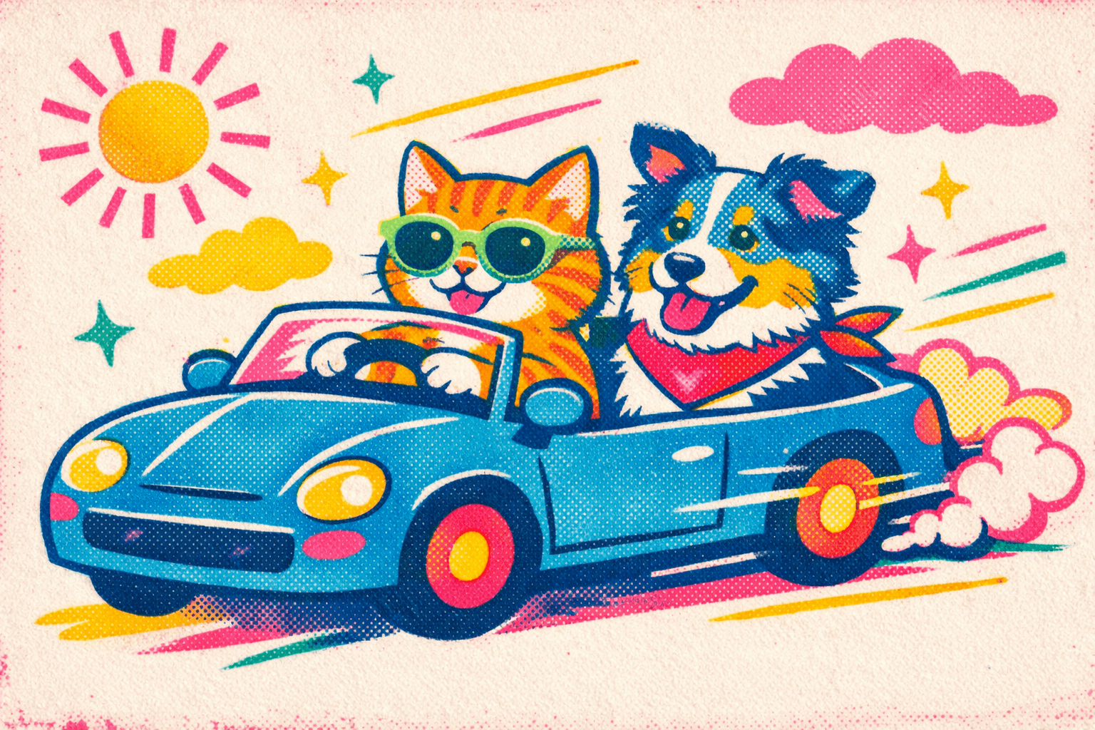 Art movement/medium: risograph zine aesthetic; Rendering technique: layered halftone patterns with slight misregistration and soft ink bleed; Color palette scheme: bright spot colors with duotone overlays; Lighting mood + source: flat, even lighting with minimal shadows; Texture/material/surface: matte, textured paper with subtle grain and soft edges; Compositional approach: playful, slightly off-kilter arrangements with a sense of movement and energy; inspired by indie zine culture and DIY printmaking
Model: openai:gpt-image-1.5