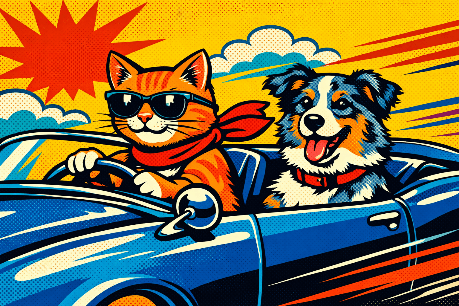 Art movement/medium: retro pop-art aesthetic; Rendering technique: bold halftone dots with high contrast outlines and flat color blocks; Color palette scheme: vibrant complementary colors with high saturation and pop-art brightness; Lighting mood + source: flat, even lighting with strong, graphic shadows; Texture/material/surface: smooth, glossy surface with a slight dot matrix texture; Compositional approach: dynamic, balanced composition with strong focal points and a sense of movement; inspired by comic book art and vintage advertisement designs
Model: openai:gpt-image-1.5