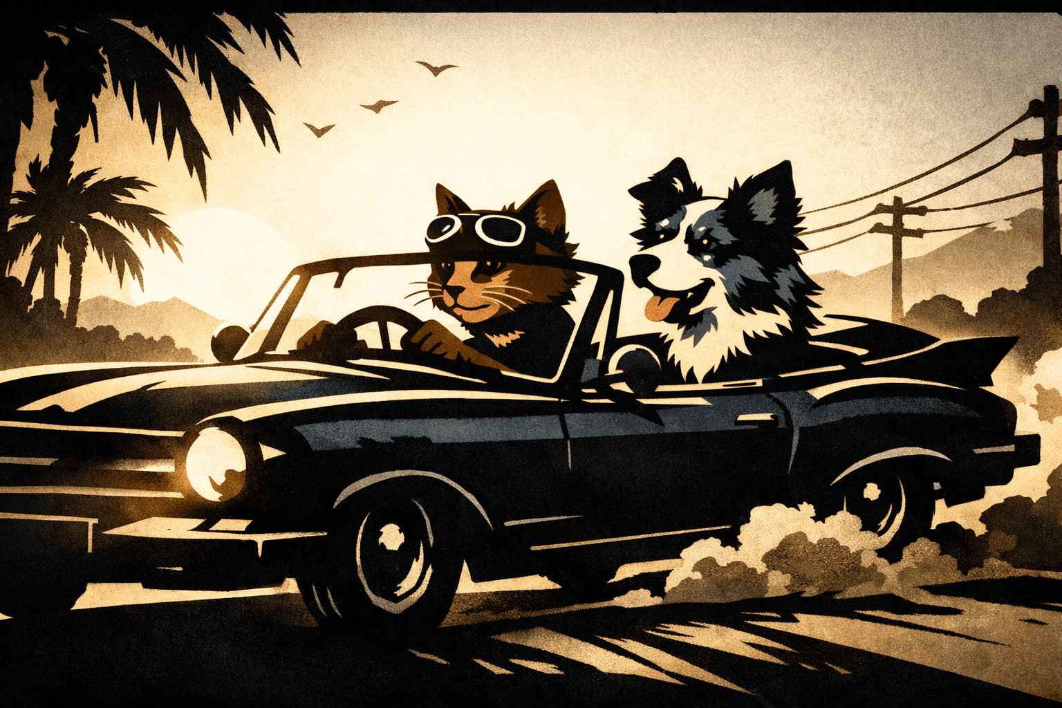 Shadow theatre aesthetic with stark silhouettes and intricate cut-out details; rendering technique: high-contrast graphic forms with crisp edges and minimal internal detail; color palette: limited chiaroscuro palette of deep charcoal and luminous ivory with subtle sepia washes; lighting mood+source: dramatic directional backlighting creating long, exaggerated shadows; texture/surface: matte, smooth surfaces with subtle paper-cut textures; compositional approach: dynamic, layered composition with a strong sense of depth and narrative storytelling; inspired by traditional shadow puppetry and modern graphic novel illustration
Model: openai:gpt-image-1.5