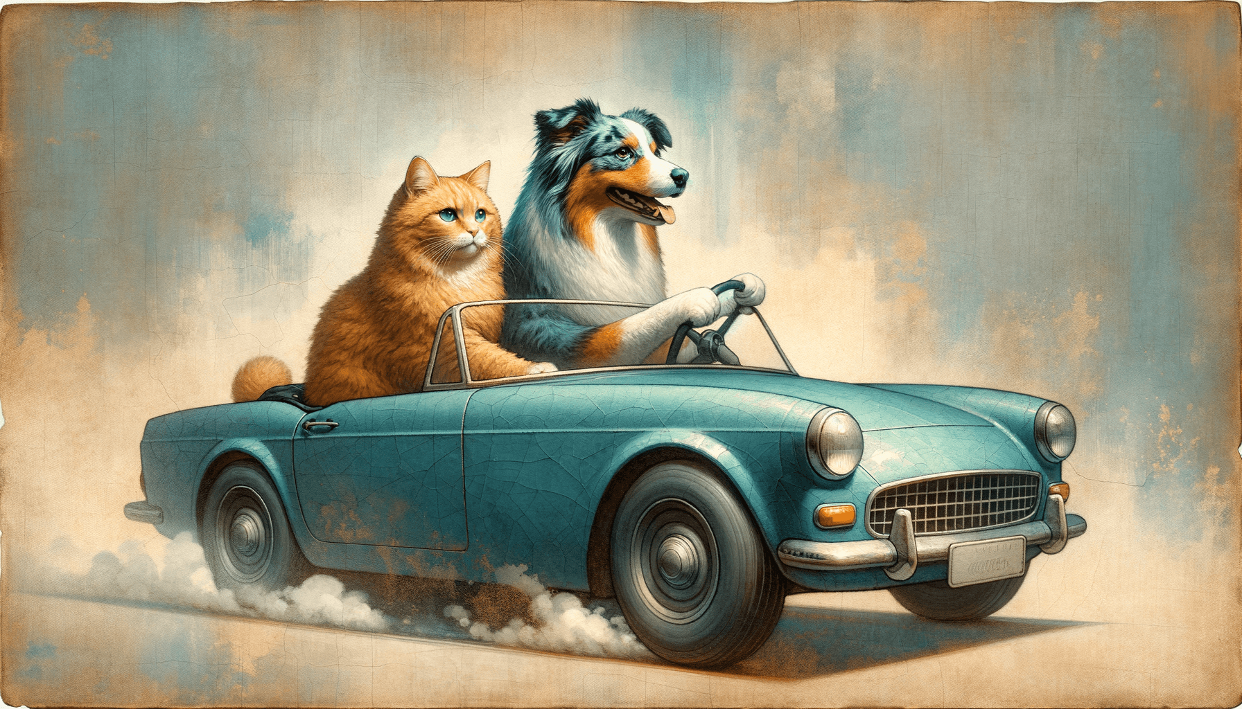 Art movement/medium: ceramic glaze and watercolor hybrid; Rendering technique: loose wash layers with soft brush granulation and subtle edge blooms; Color palette scheme: muted warm neutrals with cool teal accents and low saturation; Lighting mood + source: soft overhead diffused studio light creating gentle gradients; Texture/material/surface: smooth glossy glaze sheen with faint craquelure; Compositional approach: centered minimal layout with ample negative space and balanced focal weight
Model: openai:dall-e-3
Revised prompt: Imagine a ceramic glaze and watercolor hybrid art piece. It's rendered using loose wash layers with soft brush granulation and subtle edge blooms. The color palette scheme is composed of muted warm neutrals with cool teal accents, maintaining low saturation. Illuminated by a soft overhead diffused studio light that creates gentle gradients. The texture portrays a smooth glossy glaze sheen with faint craquelure. In terms of composition, it's a minimal layout with ample negative space and balanced focal weight. The core of this art piece is a ginger cat maneuvering a blue convertible, with a blue merle Australian Shepherd as the co-driver. Both are facing forward, and the car is moving from right to left. The scene is captured as a medium-wide shot. This art is to come in a 16:9 aspect ratio, Full HD quality (1536x1024), high resolution.