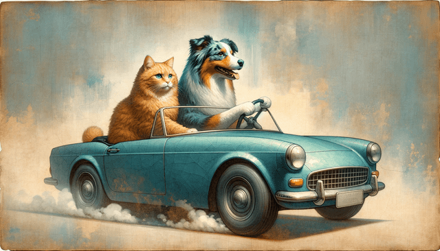 Art movement/medium: ceramic glaze and watercolor hybrid; Rendering technique: loose wash layers with soft brush granulation and subtle edge blooms; Color palette scheme: muted warm neutrals with cool teal accents and low saturation; Lighting mood + source: soft overhead diffused studio light creating gentle gradients; Texture/material/surface: smooth glossy glaze sheen with faint craquelure; Compositional approach: centered minimal layout with ample negative space and balanced focal weight
Model: openai:dall-e-3
Revised prompt: Imagine a ceramic glaze and watercolor hybrid art piece. It's rendered using loose wash layers with soft brush granulation and subtle edge blooms. The color palette scheme is composed of muted warm neutrals with cool teal accents, maintaining low saturation. Illuminated by a soft overhead diffused studio light that creates gentle gradients. The texture portrays a smooth glossy glaze sheen with faint craquelure. In terms of composition, it's a minimal layout with ample negative space and balanced focal weight. The core of this art piece is a ginger cat maneuvering a blue convertible, with a blue merle Australian Shepherd as the co-driver. Both are facing forward, and the car is moving from right to left. The scene is captured as a medium-wide shot. This art is to come in a 16:9 aspect ratio, Full HD quality (1536x1024), high resolution.