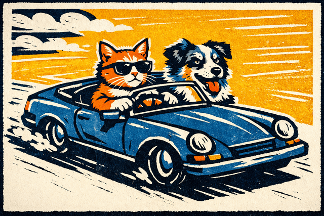 Linocut graphic print aesthetic; carving-like bold contours and flat color planes with crisp positive/negative shapes; relief-print rendering with slight misregistration and visible carving marks; limited duotone palette with a single accent and bold complementary contrast; lighting mood: hard studio key light producing stark silhouettes and crisp cast shadows; matte paper grain surface with tactile cut edges; strong graphic balance with rhythmic negative space; printmaking influence
Model: openai:gpt-image-1.5